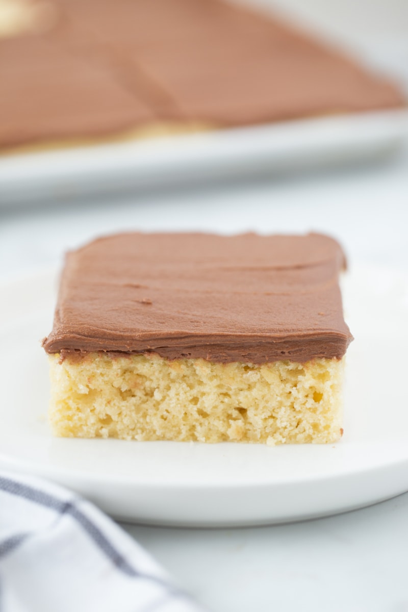 slice of yellow cake on a plate with chocolate frosting