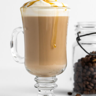 caramel macchiato in a glass mug