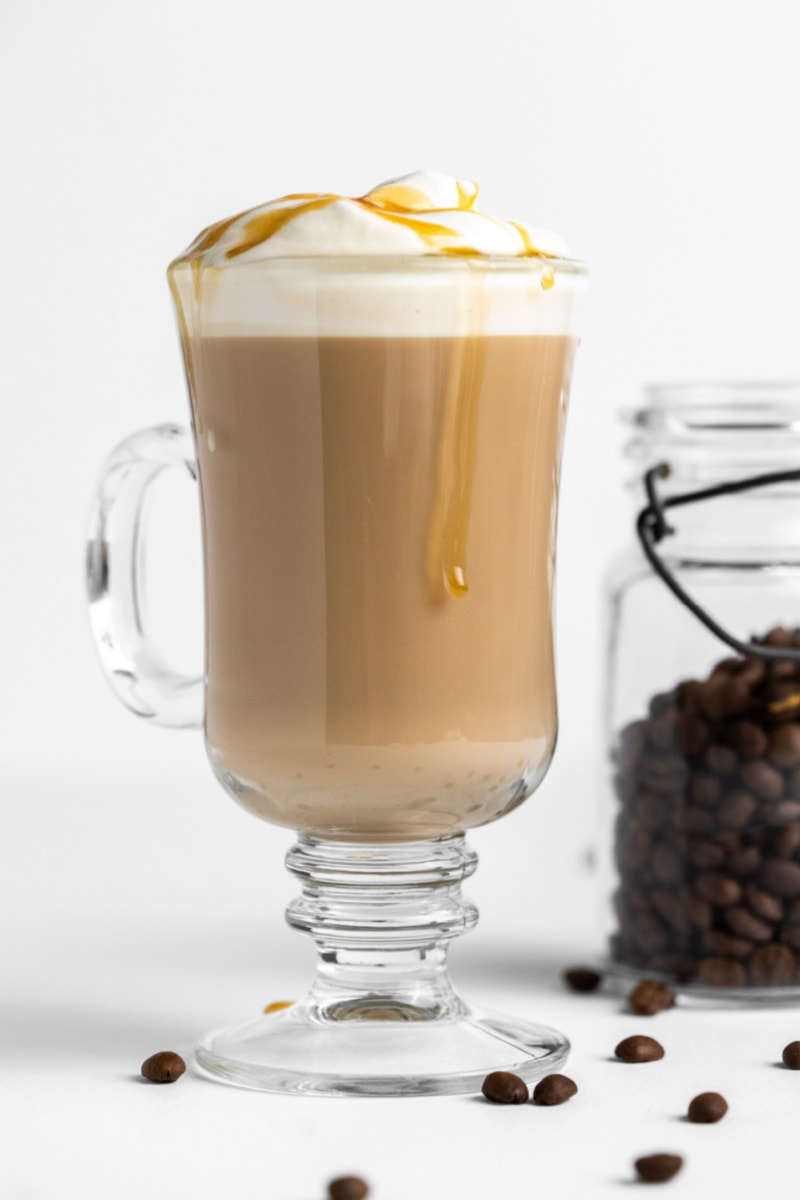 caramel macchiato in a glass mug