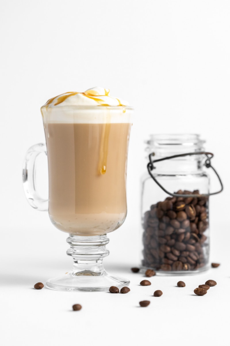 caramel macchiato in a glass mug