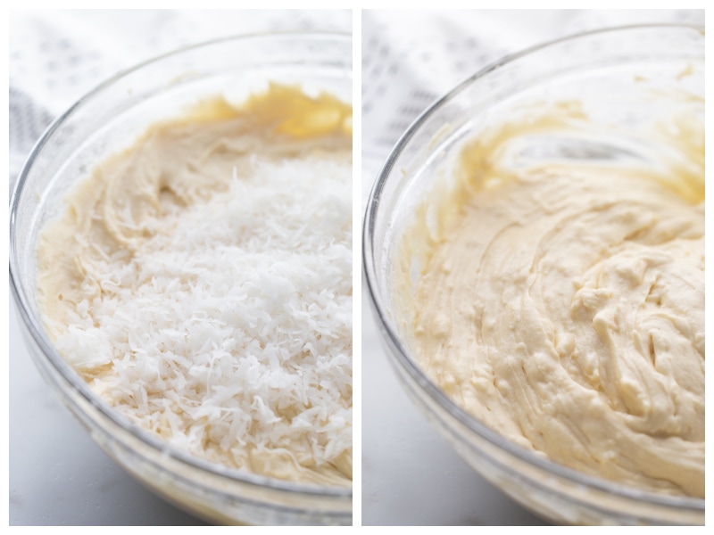 two photos showing coconut cake batter