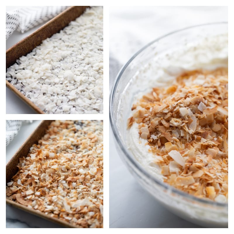 three photos showing coconut then toasted then mixed into frosting