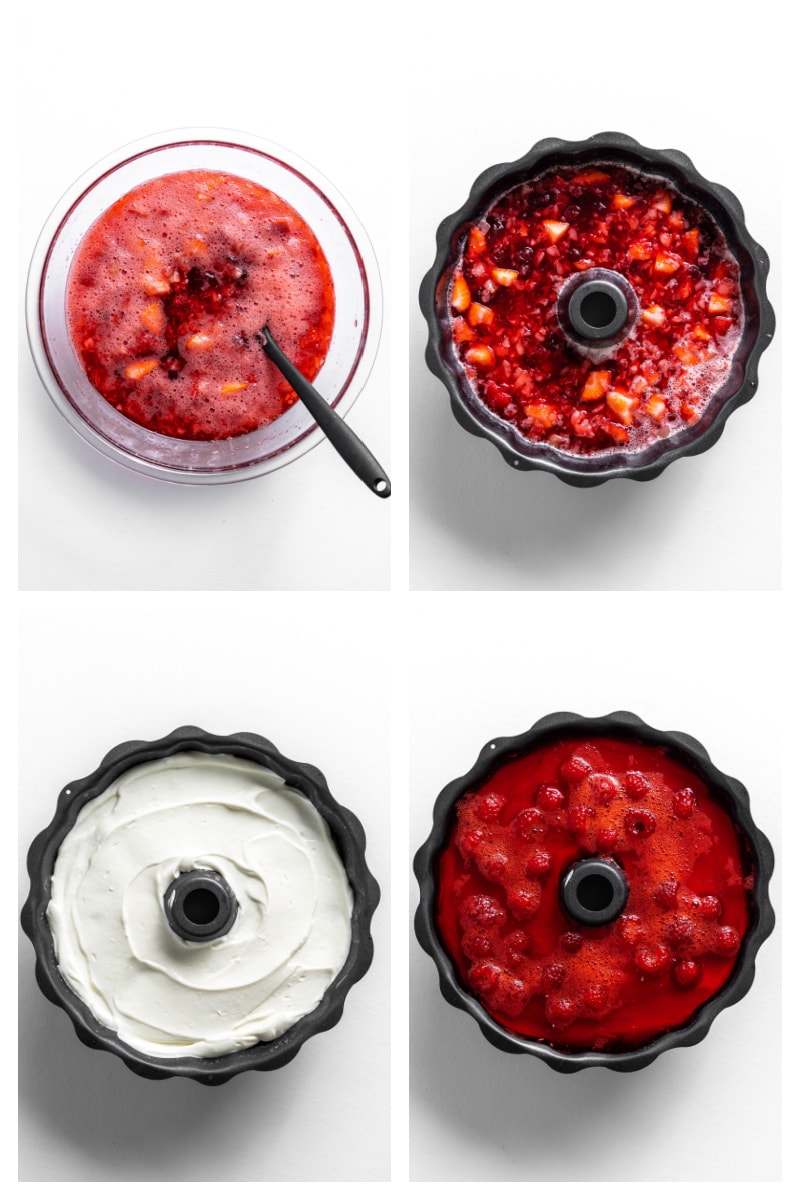 four photos showing assembly of making cranberry jello ring
