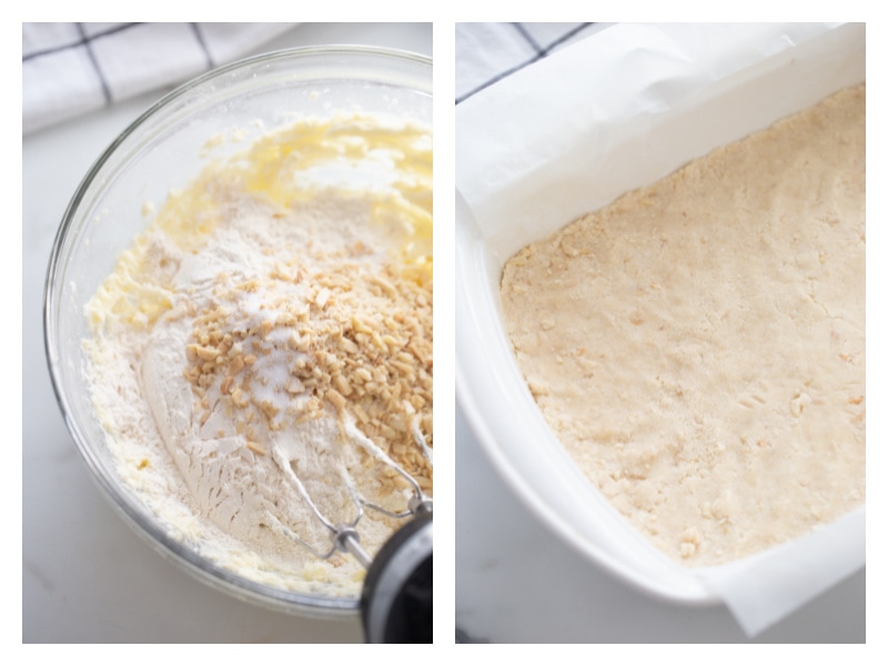 shortbread dough in bowl and then pressed into dish