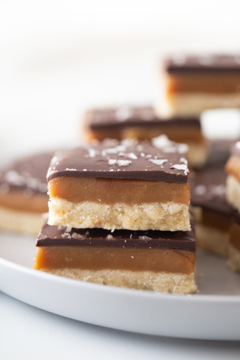 stack of millionaire shortbread bars on platter