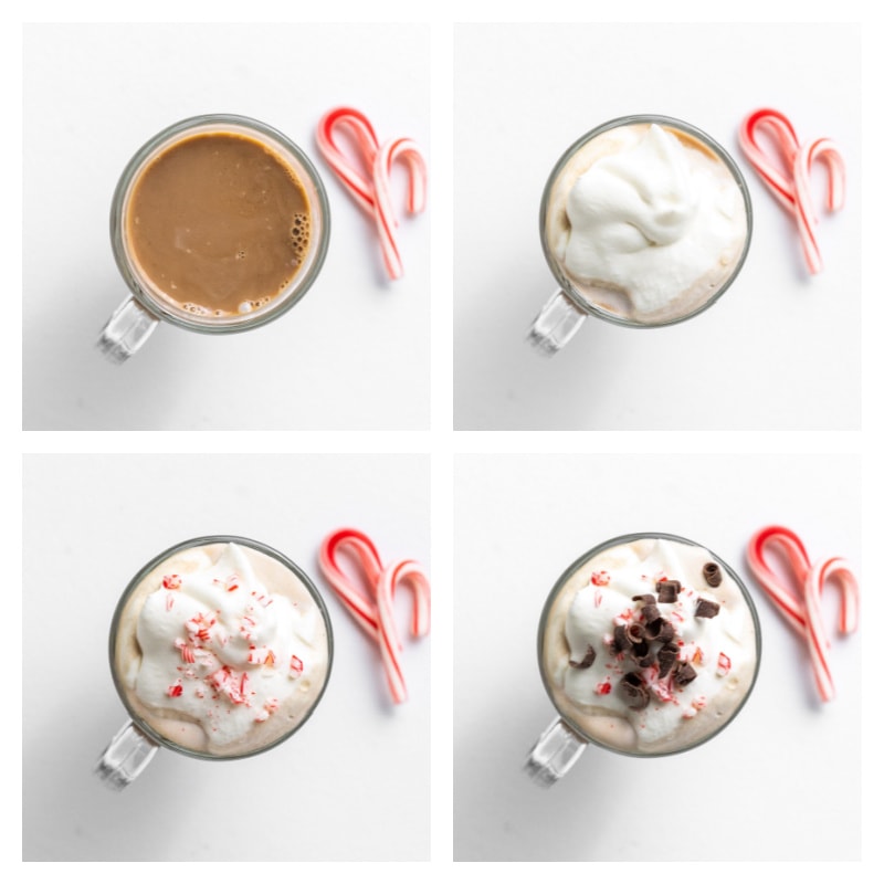 four photos showing process of making a peppermint latte