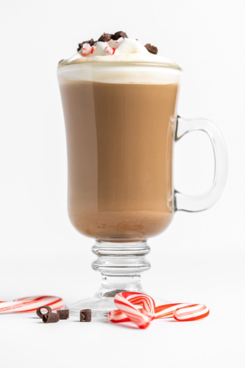 peppermint latte in a glass mug