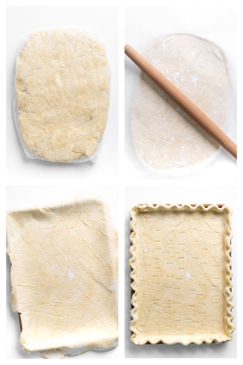 four photos showing making dough and putting it sheet pan