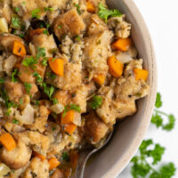 slow cooker stuffing in a bowl