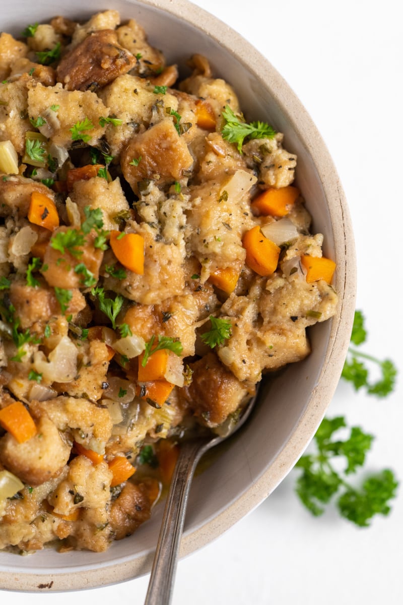 slow cooker stuffing in a bowl