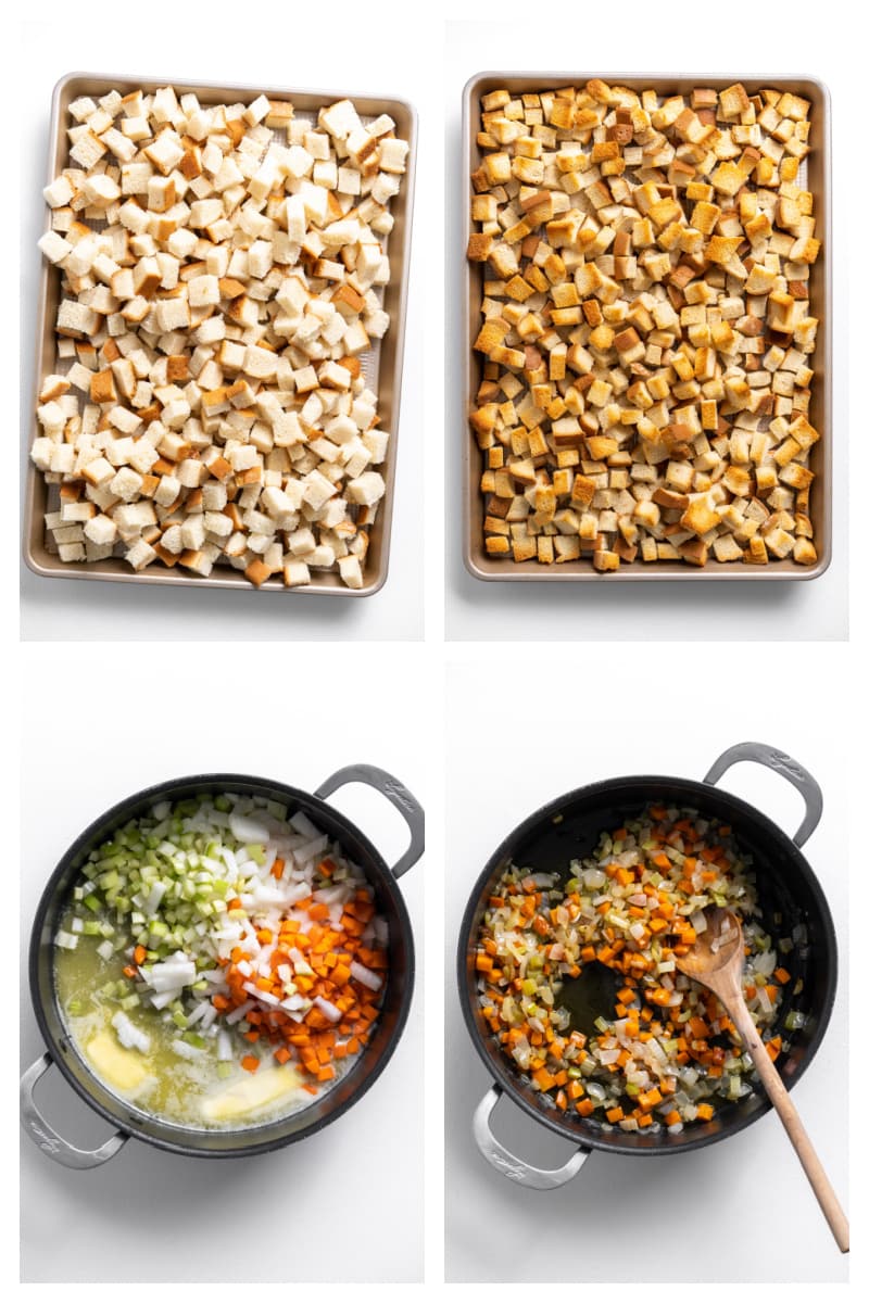 four photos showing prep of stuffing bread cubes and veggies