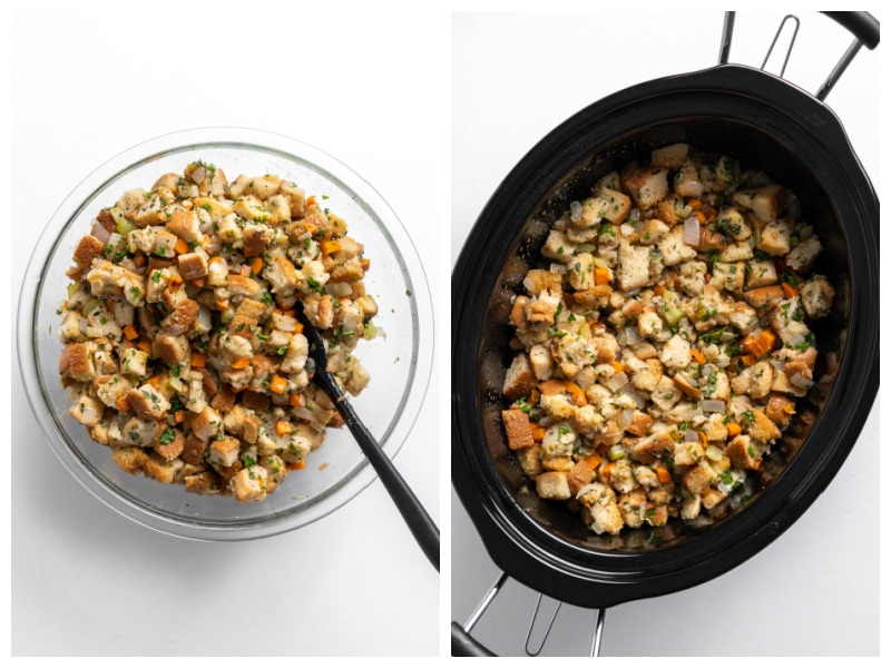 stuffing mix in bowl and then in slow cooker insert