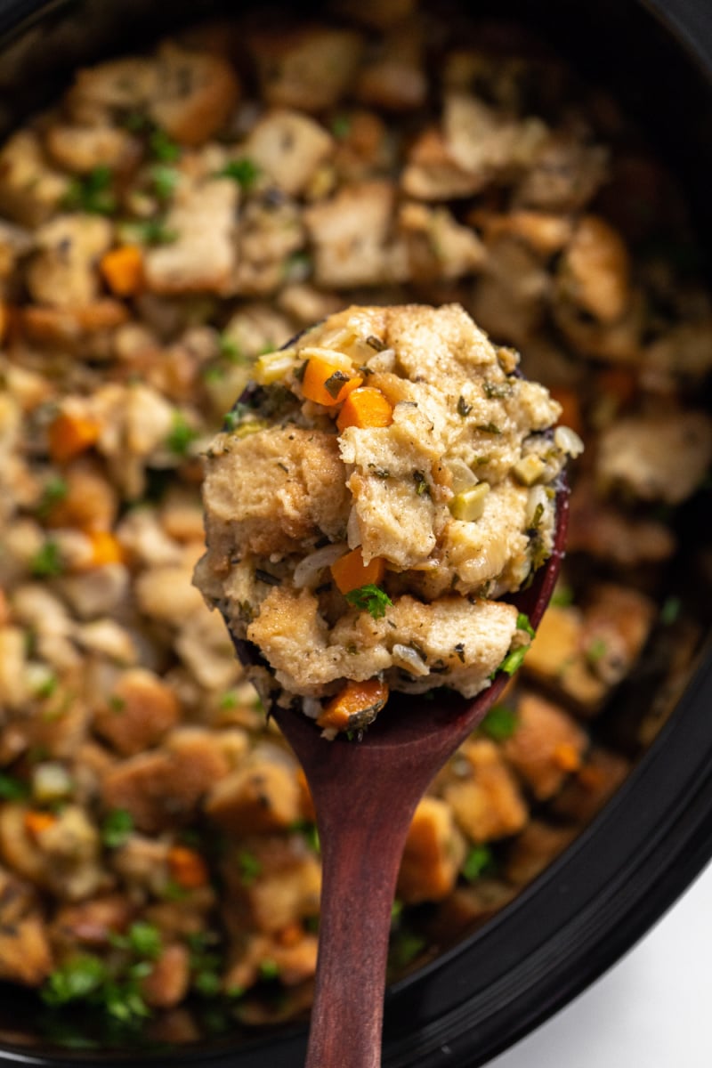 spoonful of stuffing over slow cooker