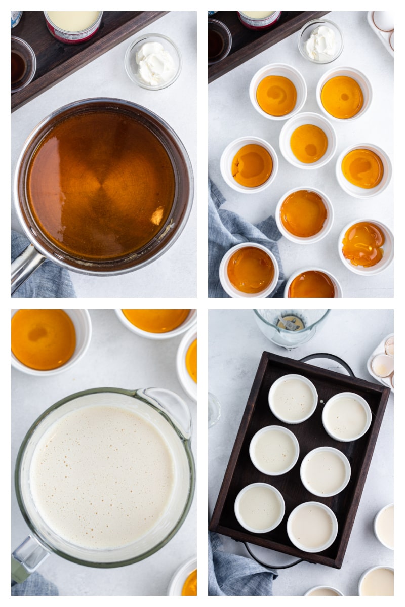 four photos showing process of making flan