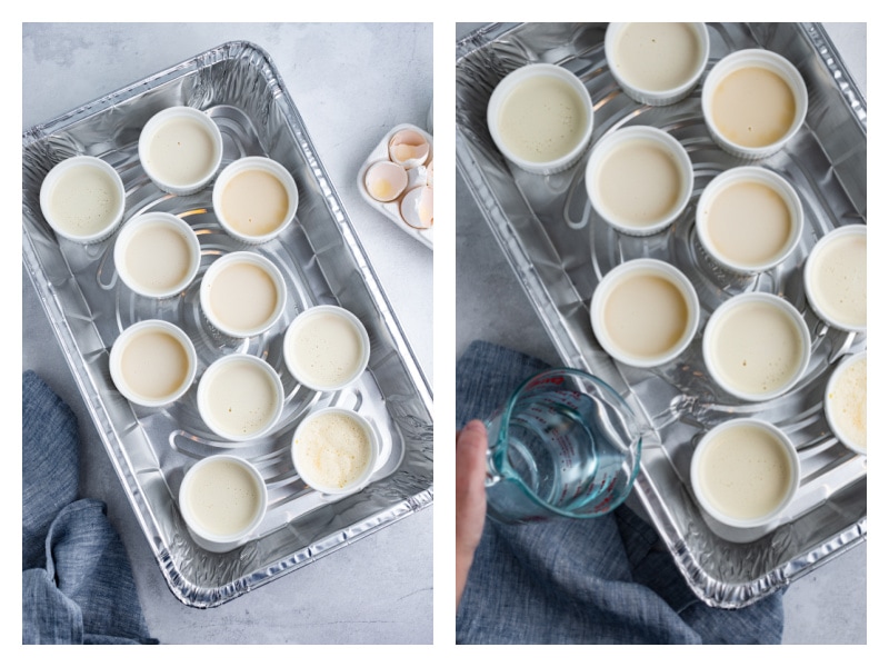 two photos showing flan in pan and pouring in water bath