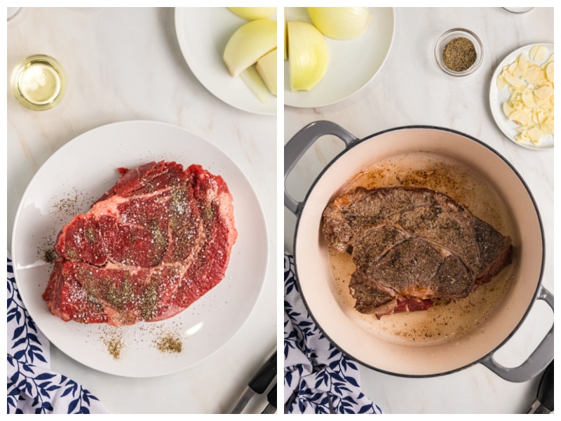 two photos showing roast and then browned in pan