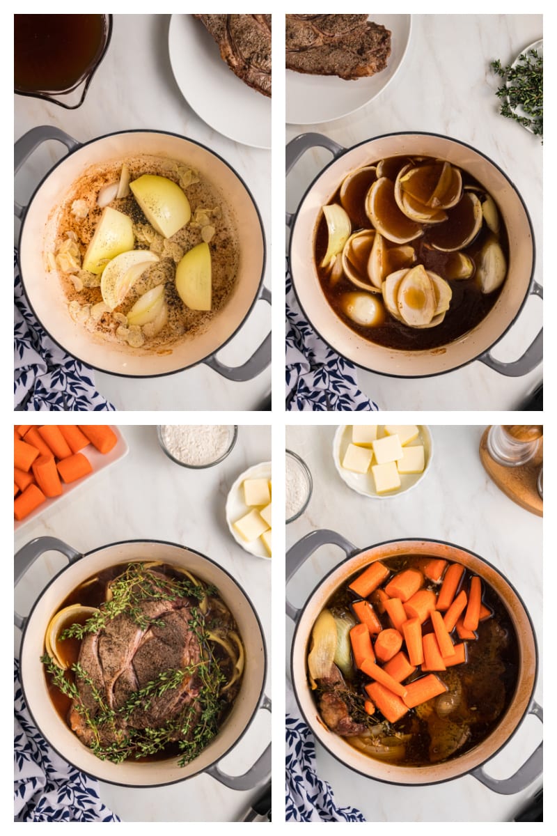 four photos showing how to make pot roast in a pot