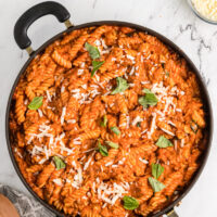 one pot sausage pasta in a skillet