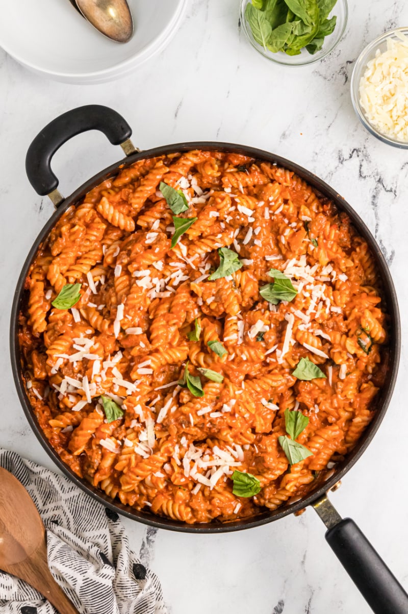 one pot sausage pasta in a skillet