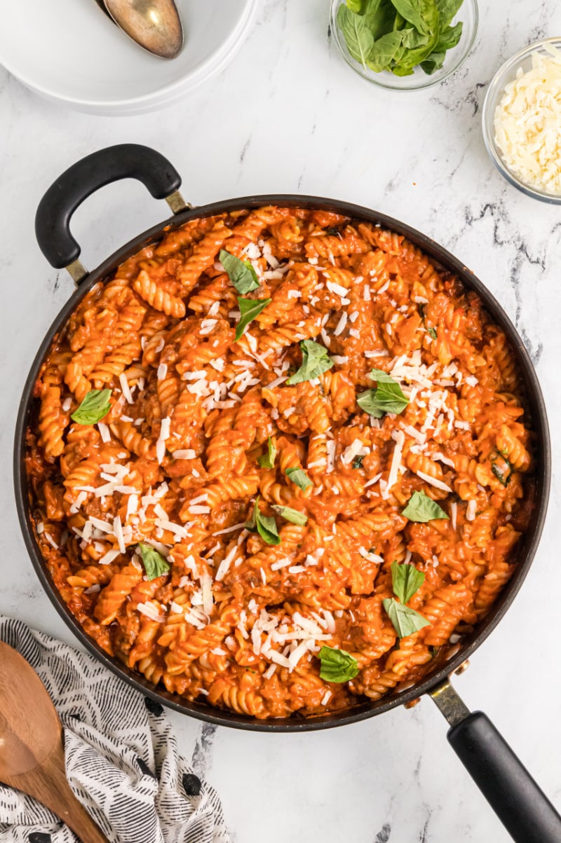 one pot sausage pasta in a skillet