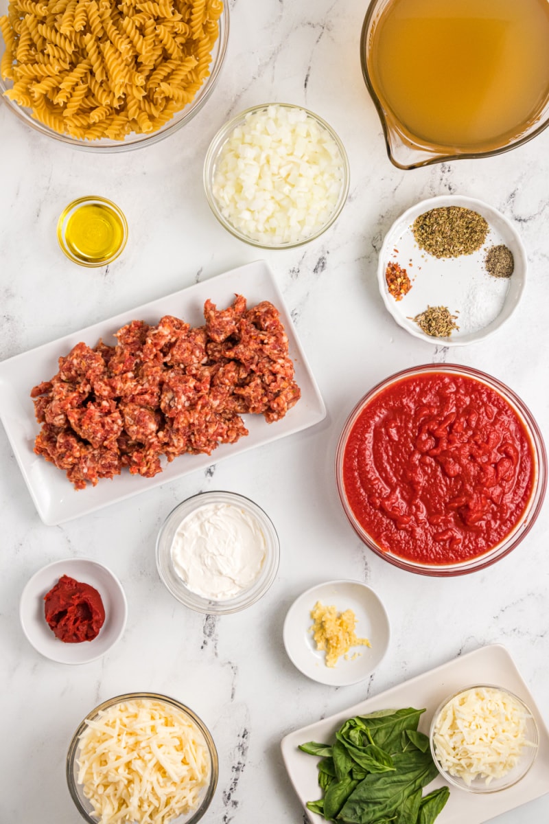 ingredients displayed for making one pot sausage pasta