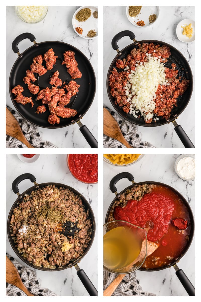 four photos showing process of making one pot sausage pasta