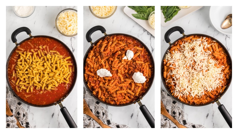 three photos showing process of making one pot sausage pasta
