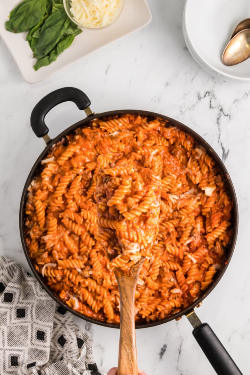 one pot sausage pasta in skillet