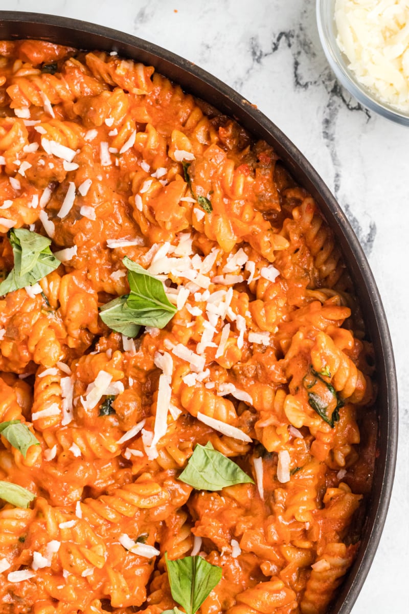 one pot sausage pasta in skillet