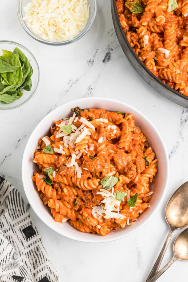 serving of sausage pasta in bowl