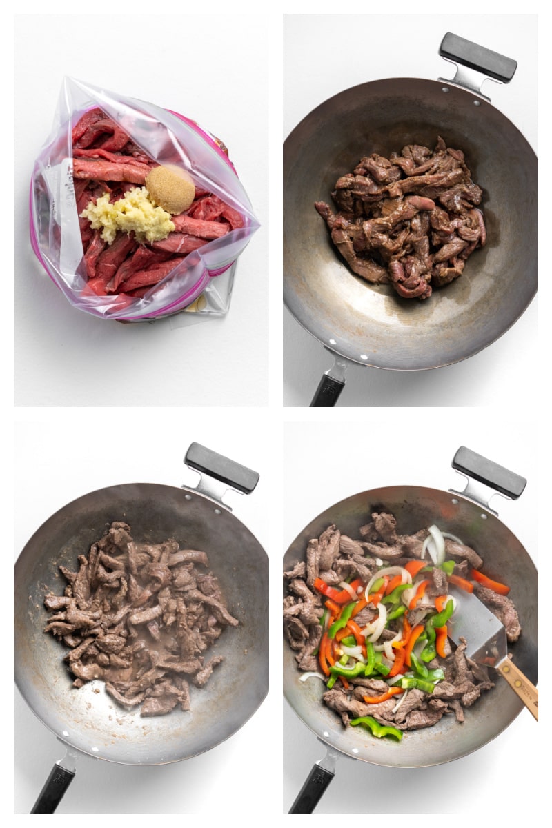 four photos showing marinating and then cooking pepper steak in skillet