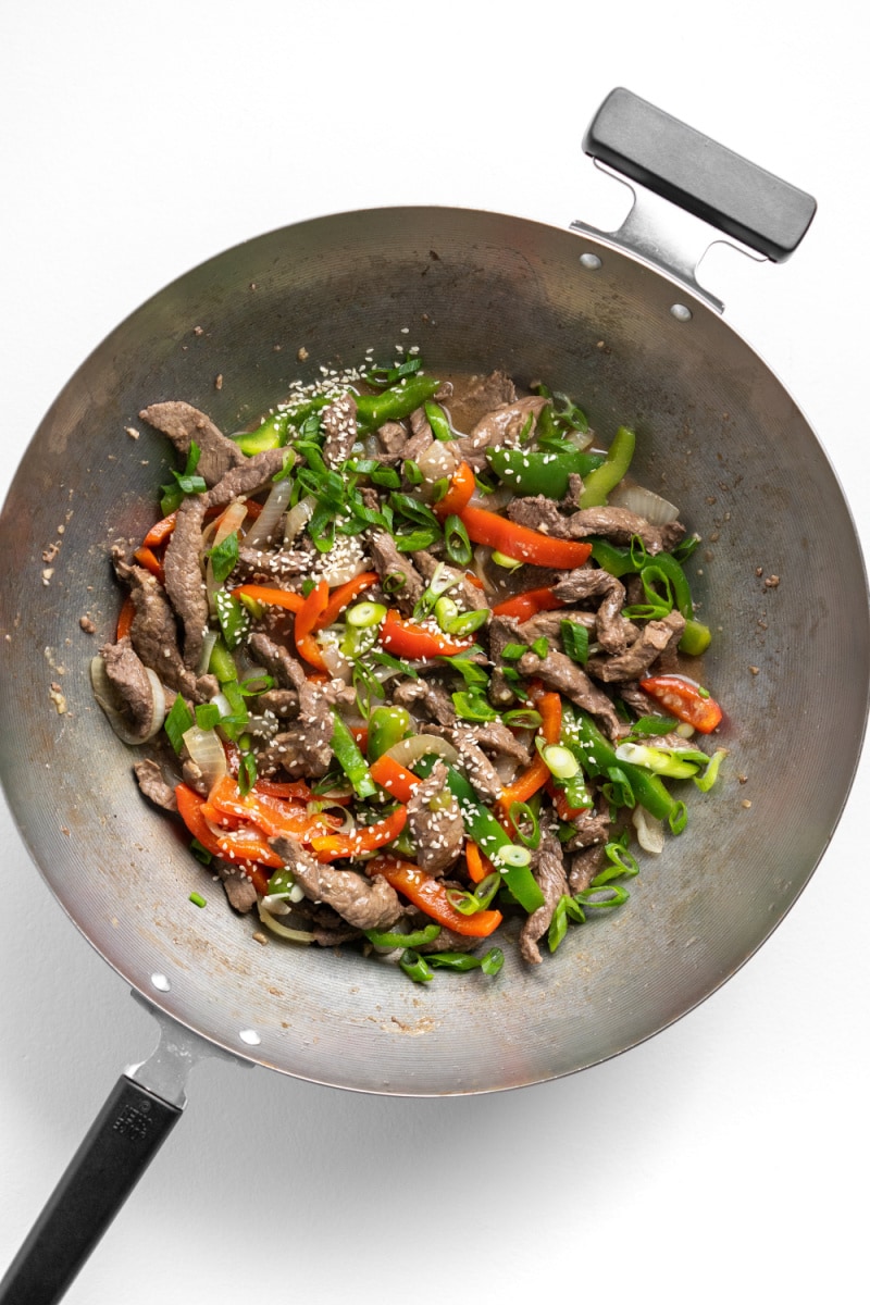 pepper steak cooking in skillet