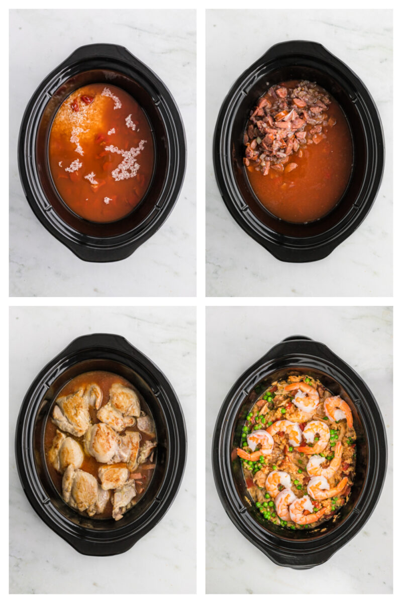four photos showing making slow cooker paella in a slow cooker insert