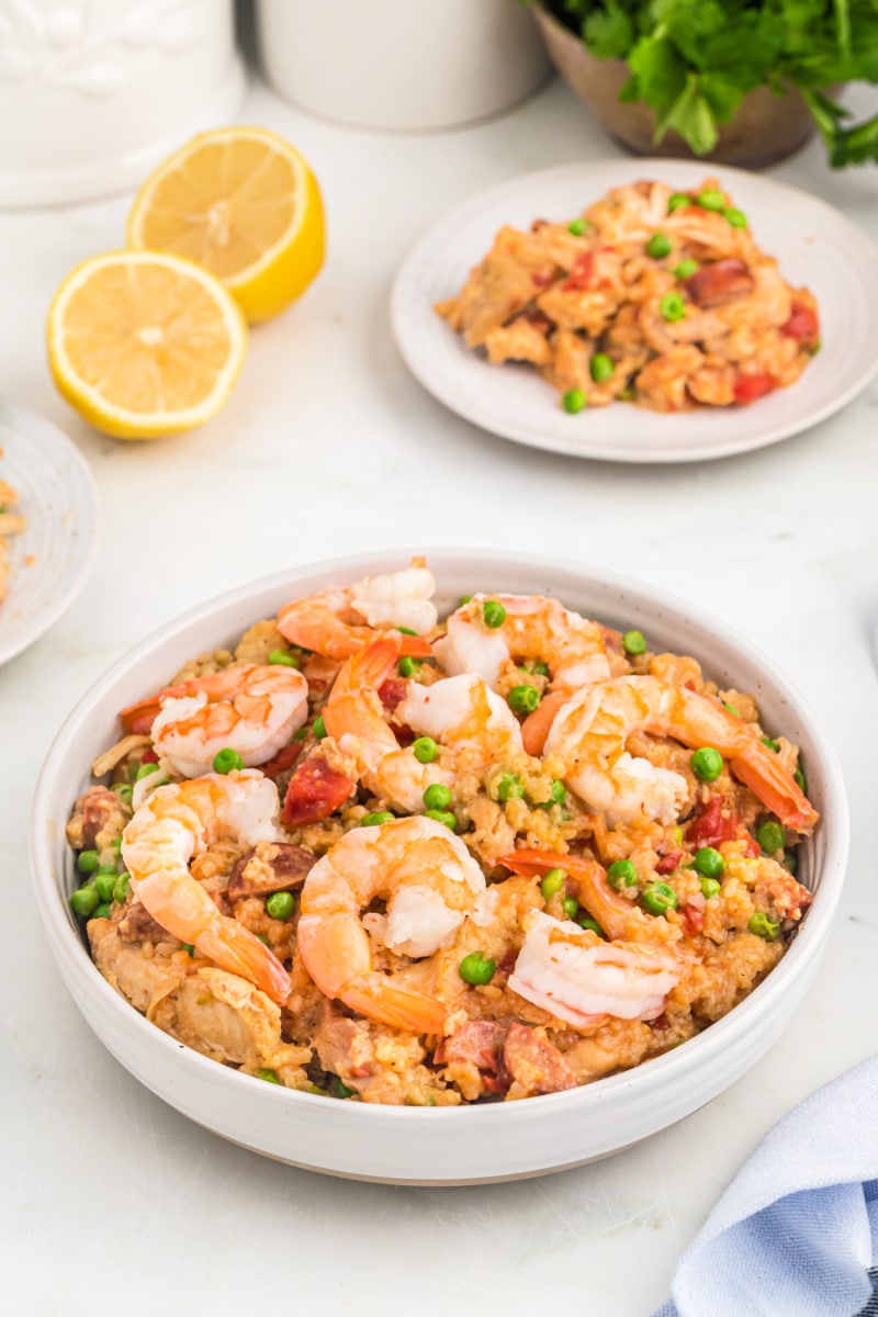 slow cooker paella in a white bowl