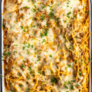 beef spaghetti casserole in a baking dish