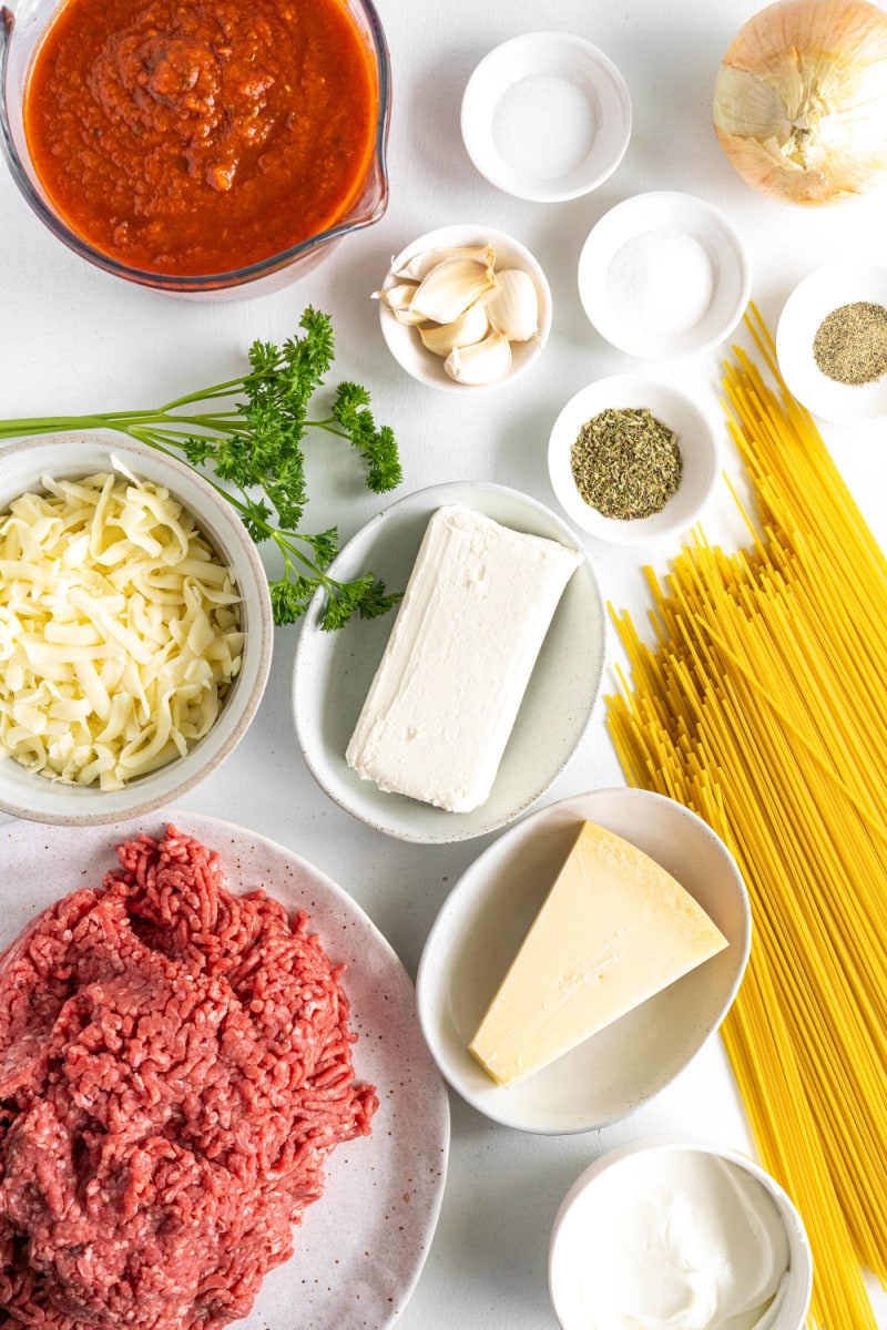 ingredients displayed for making beef spaghetti casserole