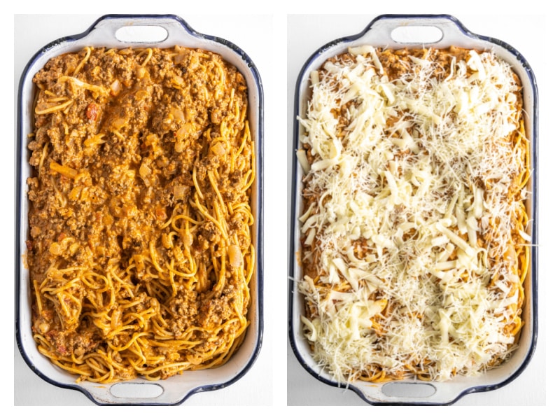 two photos showing beef spaghetti casserole in one and then added cheese in another
