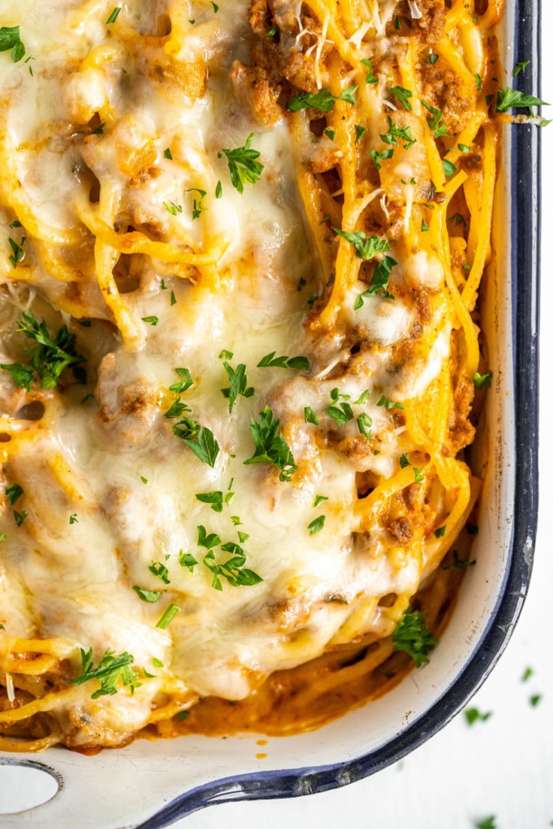 beef spaghetti casserole in a baking dish