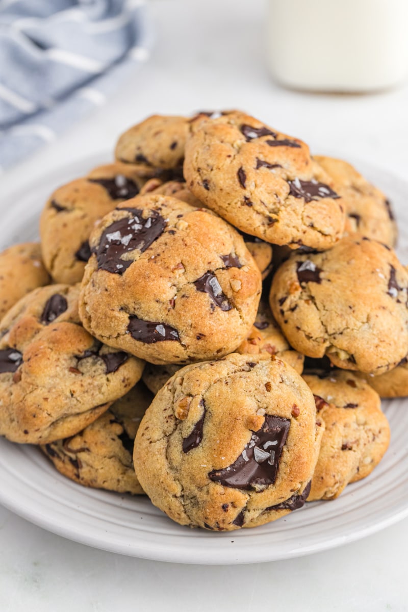 platter of brown butter pecan chocolate chip cookies