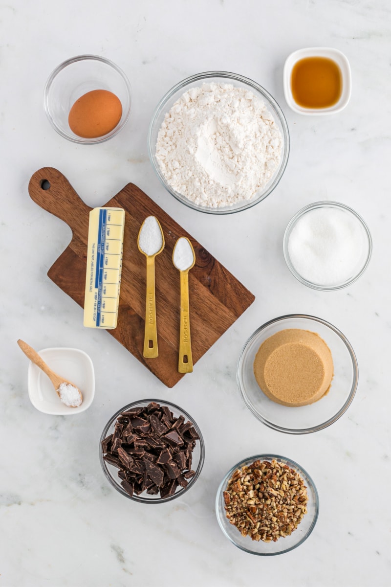 ingredients displayed for making brown butter pecan chocolate chip cookies
