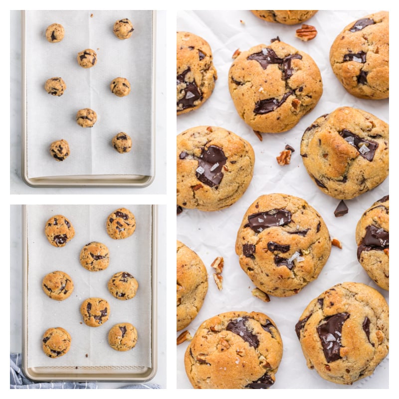 three photos showing cookie dough on baking sheet, baked cookies and cookies cooling