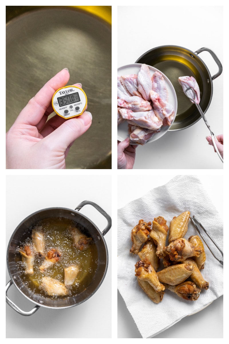 four photos showing how to fry chicken wings in a pot of oil