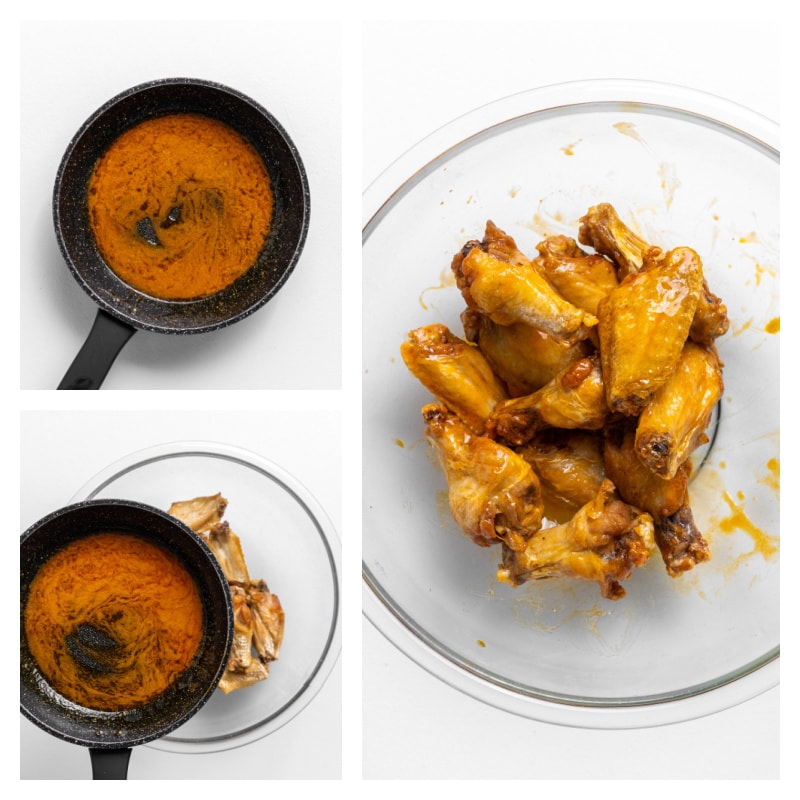 three photos showing buffalo sauce, poured over wings and then wings in bowl