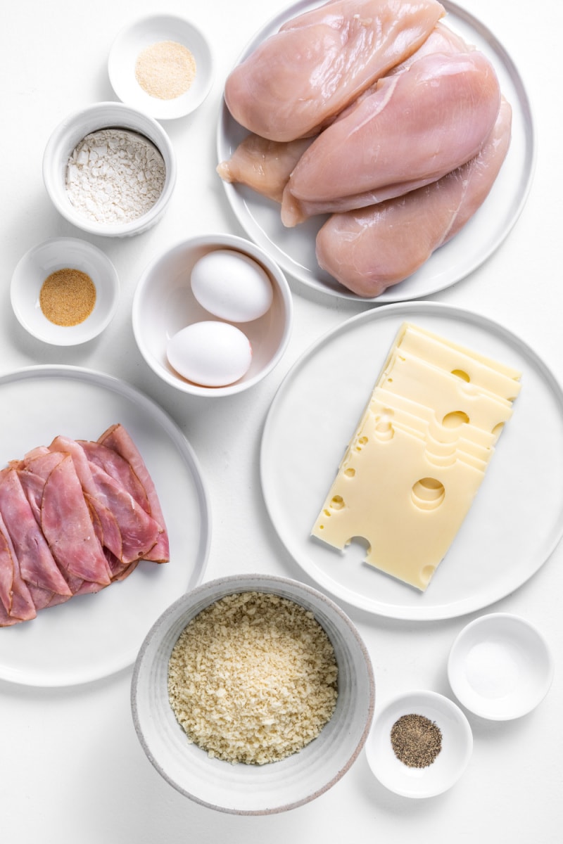 ingredients displayed for making chicken cordon bleu