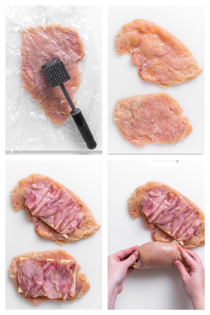 four photos showing pounding chicken, then cheese and prosicutto added then rolled up