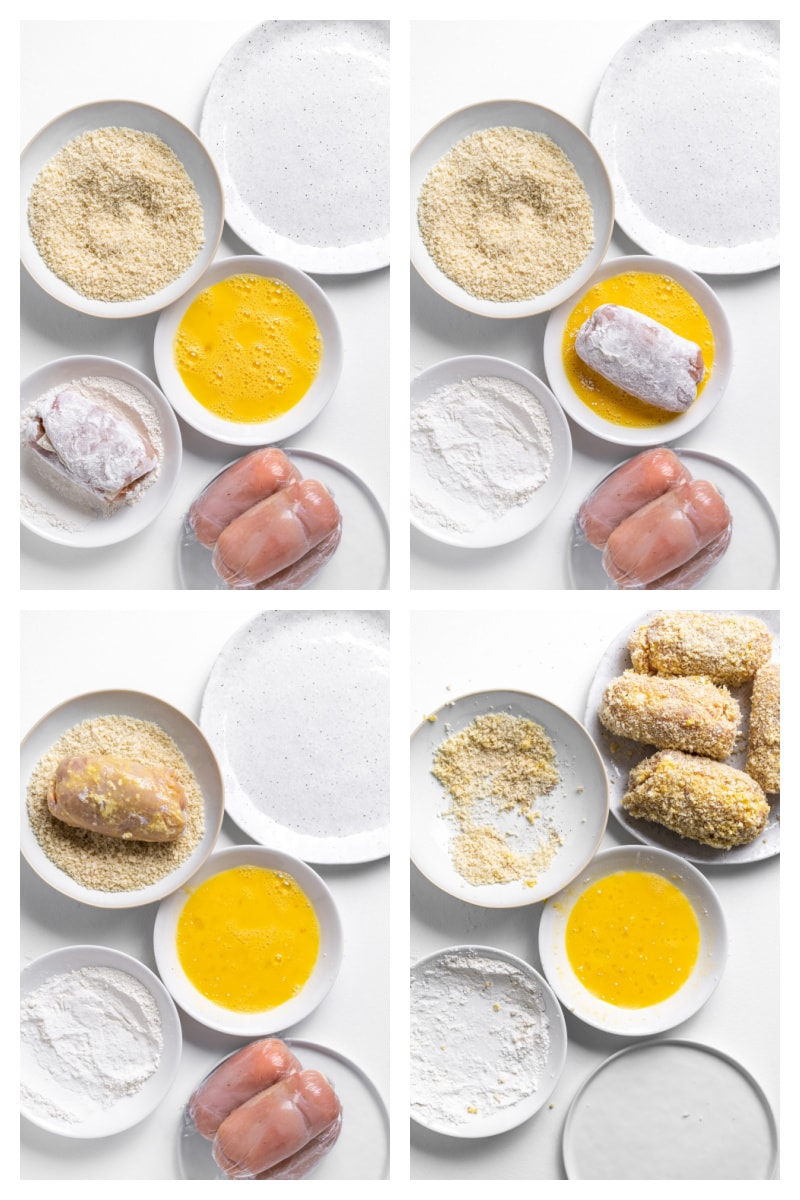 four photos showing process of dipping chicken in making chicken cordon bleu