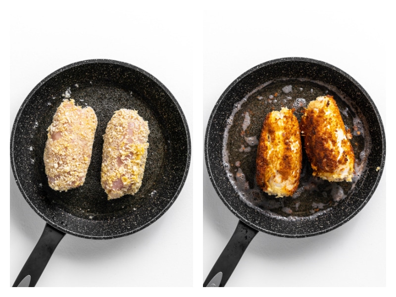 two photos showing chicken cordon bleu in skillet and then cooked