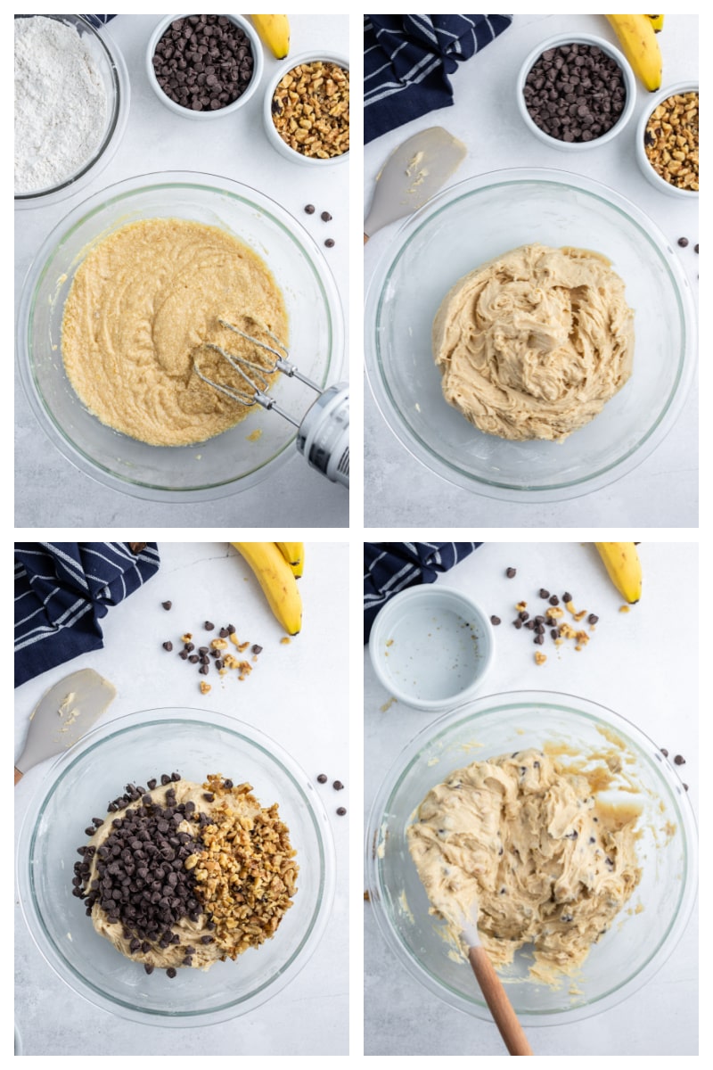 four photos showing how to make batter for chunky monkey bars