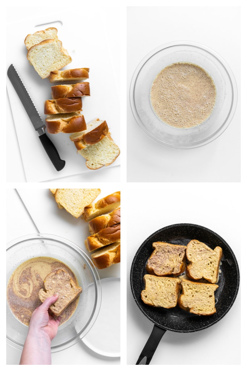 four photos showing sliced bread, french toast batter, dunking bread and in the pan