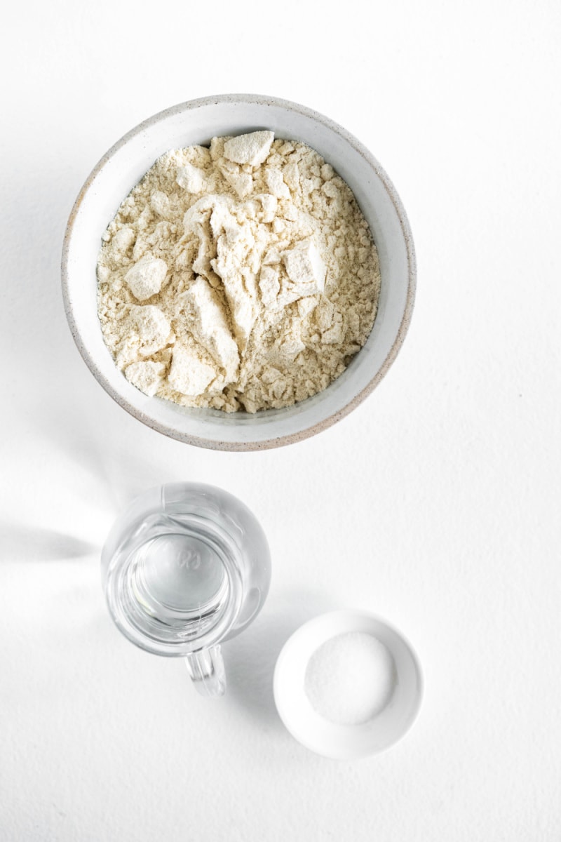 three ingredients displayed for making homemade corn tortillas